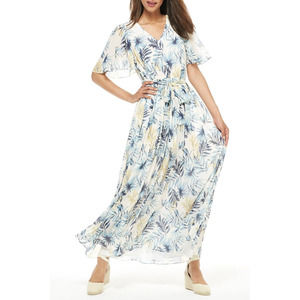 Gal Meets Glam Collection K0486M Kiki leaf Print Size 0 Chiffon Maxi Dress